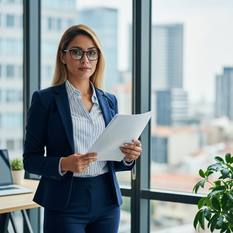 Confident Woman with Blonde Hair and Glasses in Modern Office | High Fashion Portrait