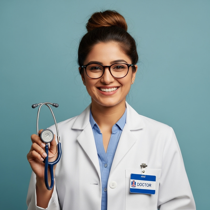 Smiling South Asian Woman Doctor on Blue Background