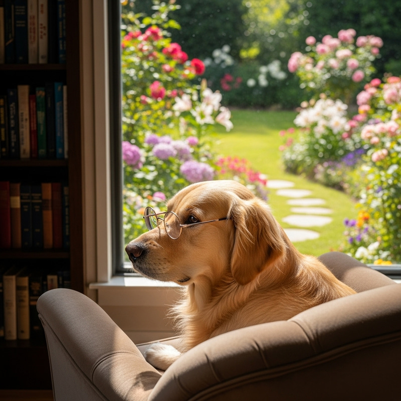 Charming Dog with Glasses in a Serene Garden Charming Dog with Glasses in a Serene Garden