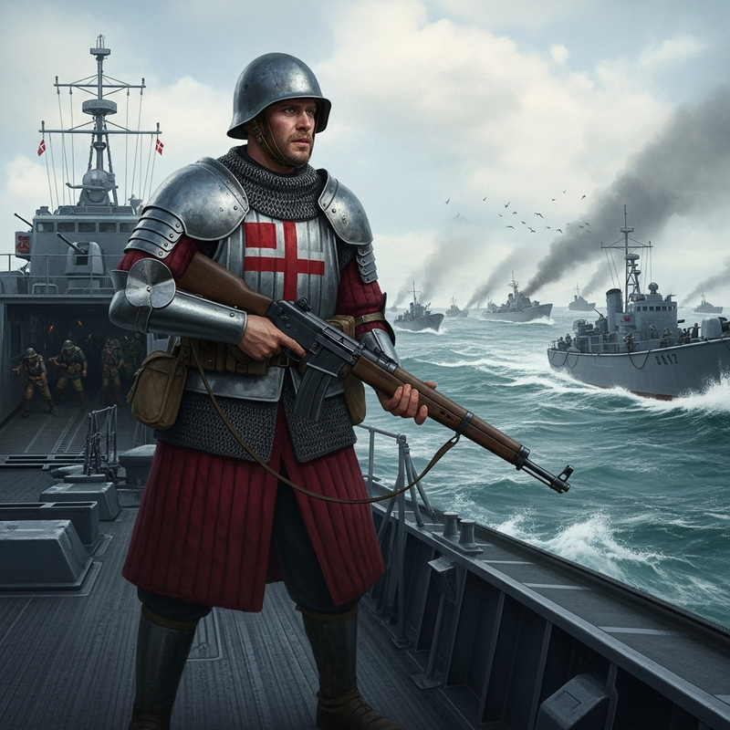 Danish Crusader with Rifle in D-Day Naval Invasion Danish Crusader with Rifle in D-Day Naval Invasion