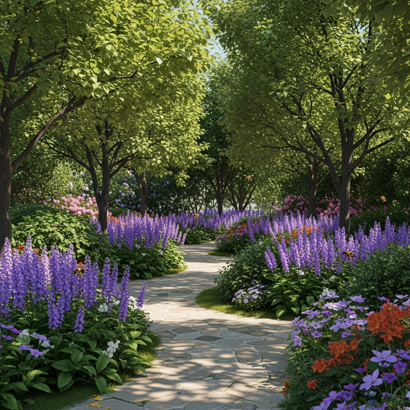 Tranquil Garden with Stunning Violet Flowers Tranquil Garden with Stunning Violet Flowers