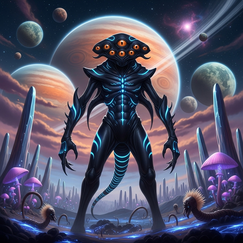 Mysterious Black Alien with 6 Eyes in Unusual Environment Mysterious Black Alien with 6 Eyes in Unusual Environment