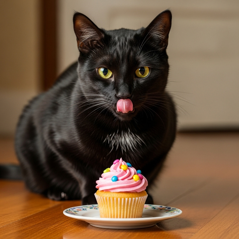 Adorable Black Cat Enjoying Cupcake Adorable Black Cat Enjoying Cupcake