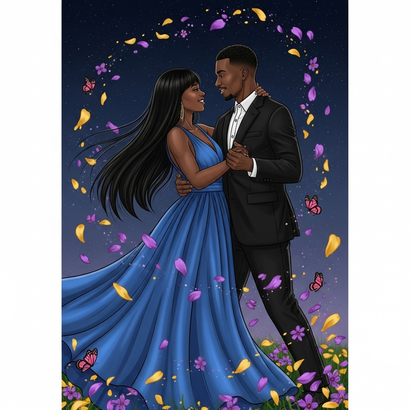 Expressive Love Dance: African-American Couple in Moonlit Serenade Expressive Love Dance: African-American Couple in Moonlit Serenade
