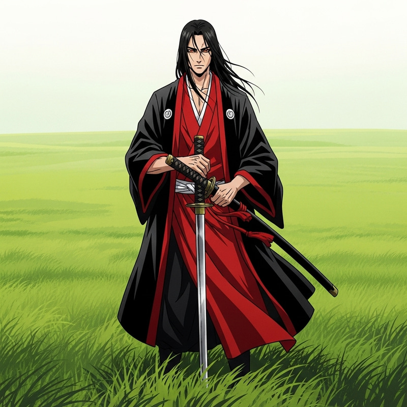 Solemn Samurai Amid Blossoming Meadow Solemn Samurai Amid Blossoming Meadow