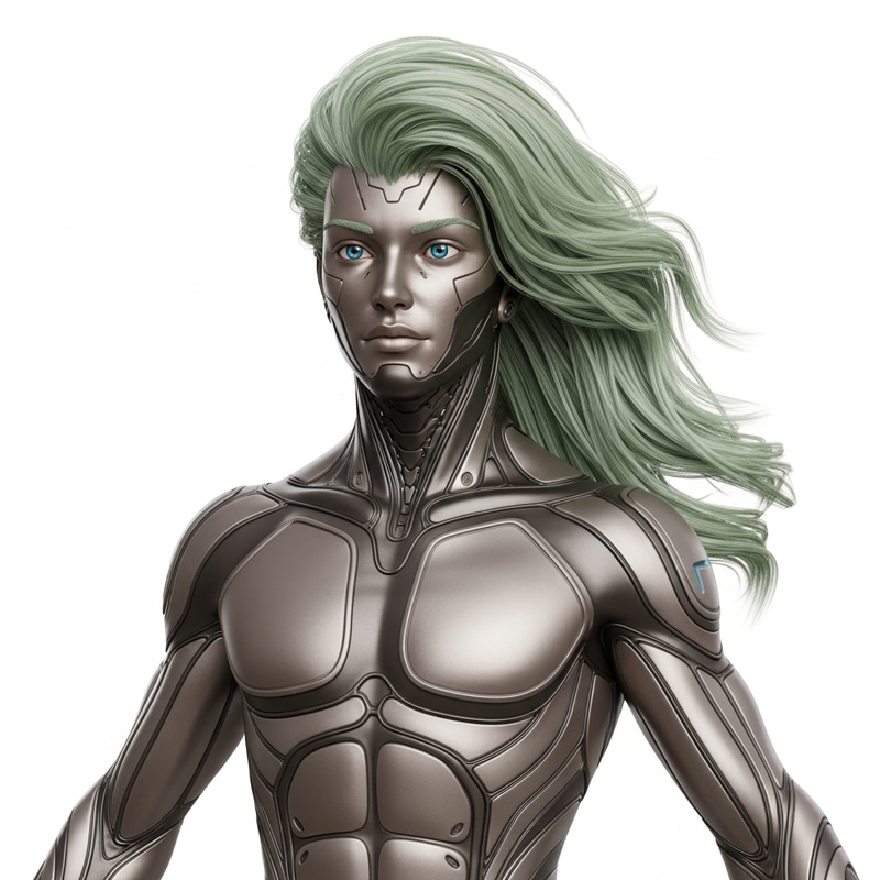 Futuristic 3D Humanoid Character Model in Metallic Skin and Green Hair