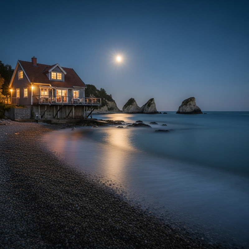 Tranquil Rustic Wooden House by Moonlit Sea | Sony Alpha 7III Enhanced Capture Tranquil Rustic Wooden House by Moonlit Sea | Sony Alpha 7III Enhanced Capture