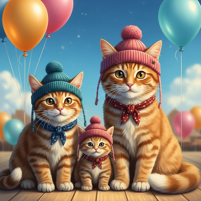 Ginger Cat Trio: Magical Fantasy Portrait in Soft Beanies