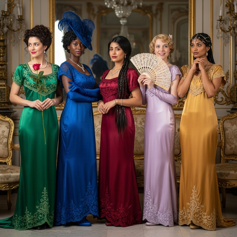 Diverse Belle Epoque Women in Full-Length Satin Dresses Diverse Belle Epoque Women in Full-Length Satin Dresses