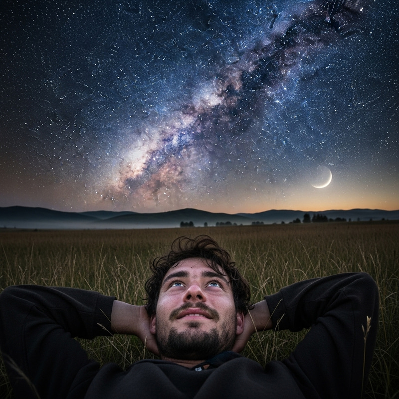 Young Shepherd in Awe Under Starry Night Sky