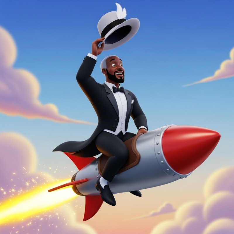 Lighter Skin Black Man in Tuxedo Fedora Hat Riding Emoji Rocket