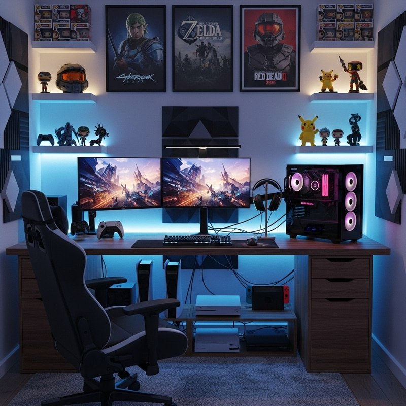 Ultimate Gaming Room Setup with Modern Consoles and LED Lighting