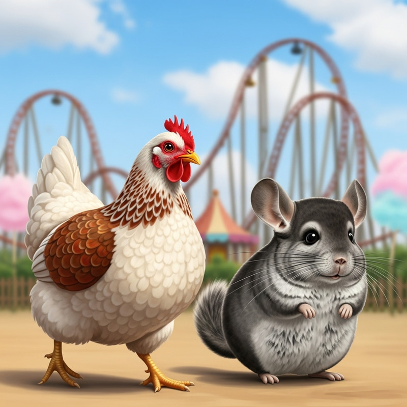 Exciting Amusement Park Day for Cute Hen and Funny Chinchilla Exciting Amusement Park Day for Cute Hen and Funny Chinchilla