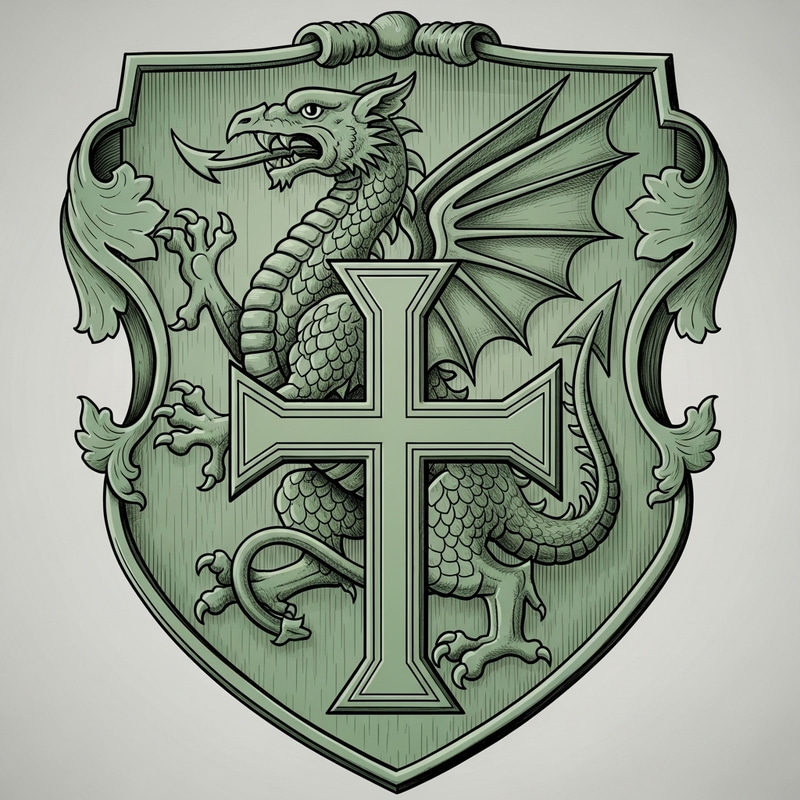 Green Coat of Arms with Dragon Crest in Drawing Style
