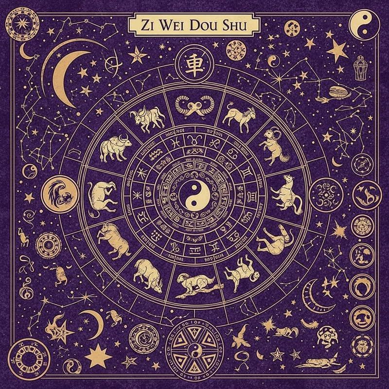 Purple Cosmic Illustration: Chinese Zodiac, 5 Elements & Yin Yang Purple Cosmic Illustration: Chinese Zodiac, 5 Elements & Yin Yang