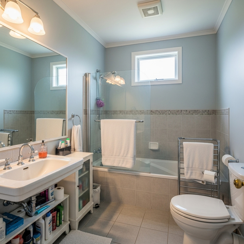 Stylish Light-Blue Bathroom with Tub, Toilet, and Elegant Decor