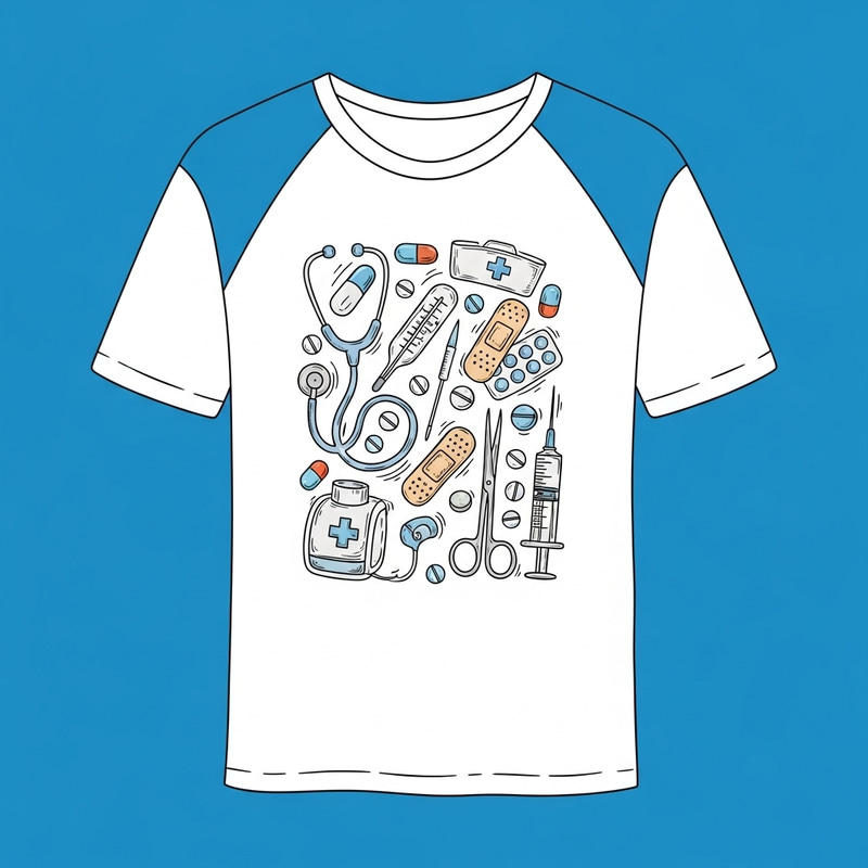White and Blue Color T-Shirt with Medical Tools Doodle Design White and Blue Color T-Shirt with Medical Tools Doodle Design