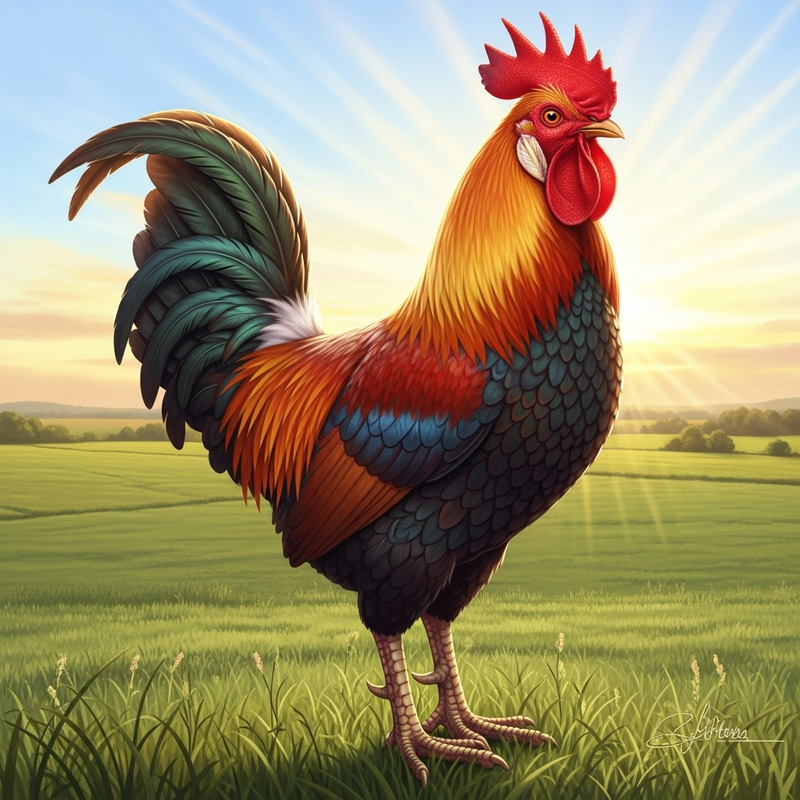 Beautiful Rooster Symbolizing the Dawn in a Farm Setting Beautiful Rooster Symbolizing the Dawn in a Farm Setting