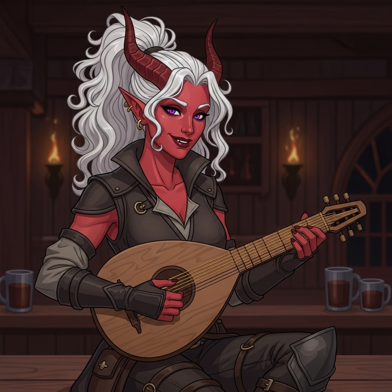 Mischievous Tiefling Musician Entertaining in Rogue Attire Mischievous Tiefling Musician Entertaining in Rogue Attire