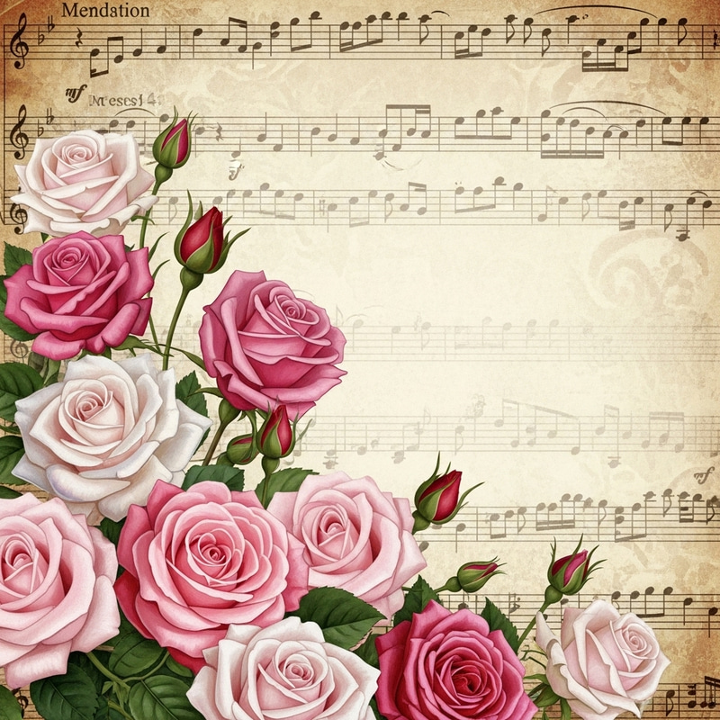 Rose Pink Flowers in Various Tones on Vintage Score Background Rose Pink Flowers in Various Tones on Vintage Score Background