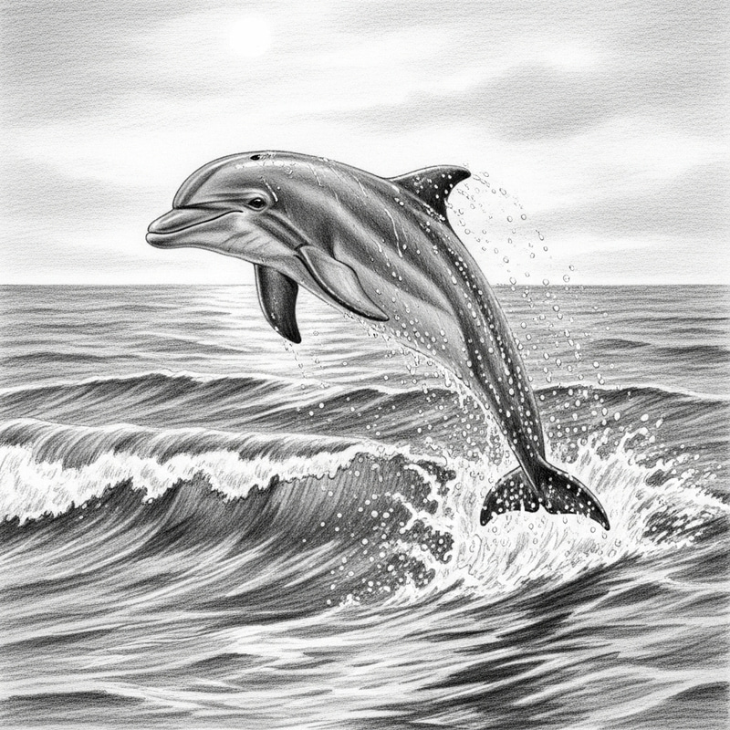 Detailed Sketch of Joyful Baby Dolphin Leaping out of the Choppy Waves Detailed Sketch of Joyful Baby Dolphin Leaping out of the Choppy Waves