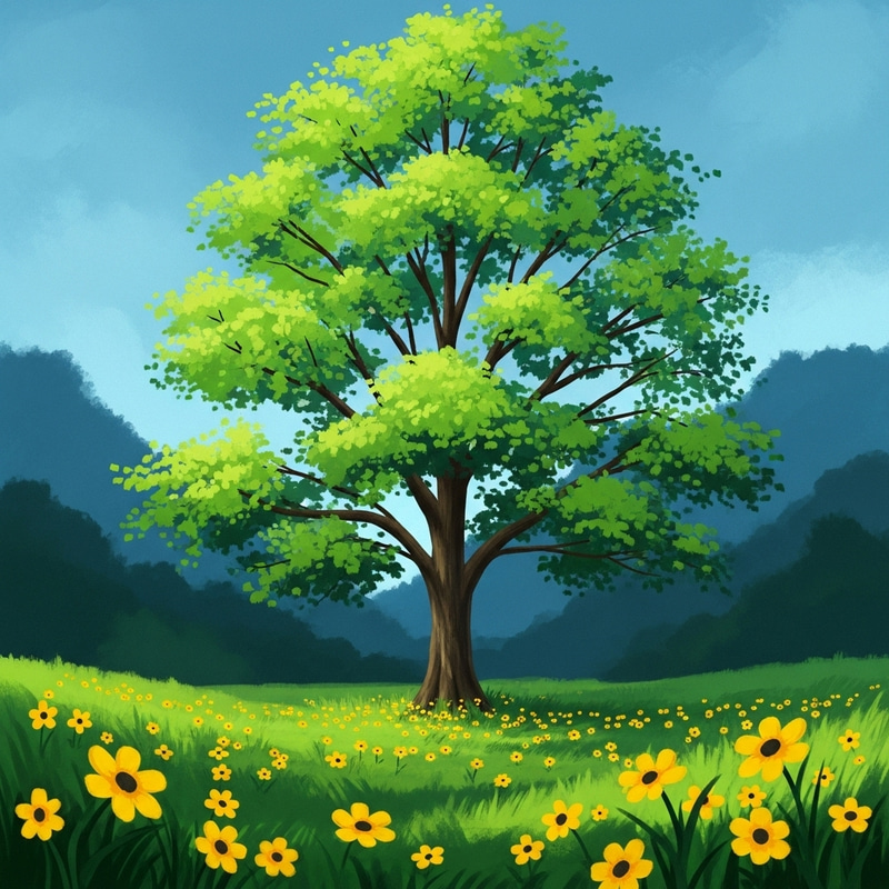 Serenity in Green and Blue: Majestic Tree Overlooking Yellow Flowers