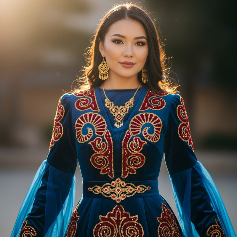 Asian Girl in Elegant Dark Blue Kazakh Dress Asian Girl in Elegant Dark Blue Kazakh Dress