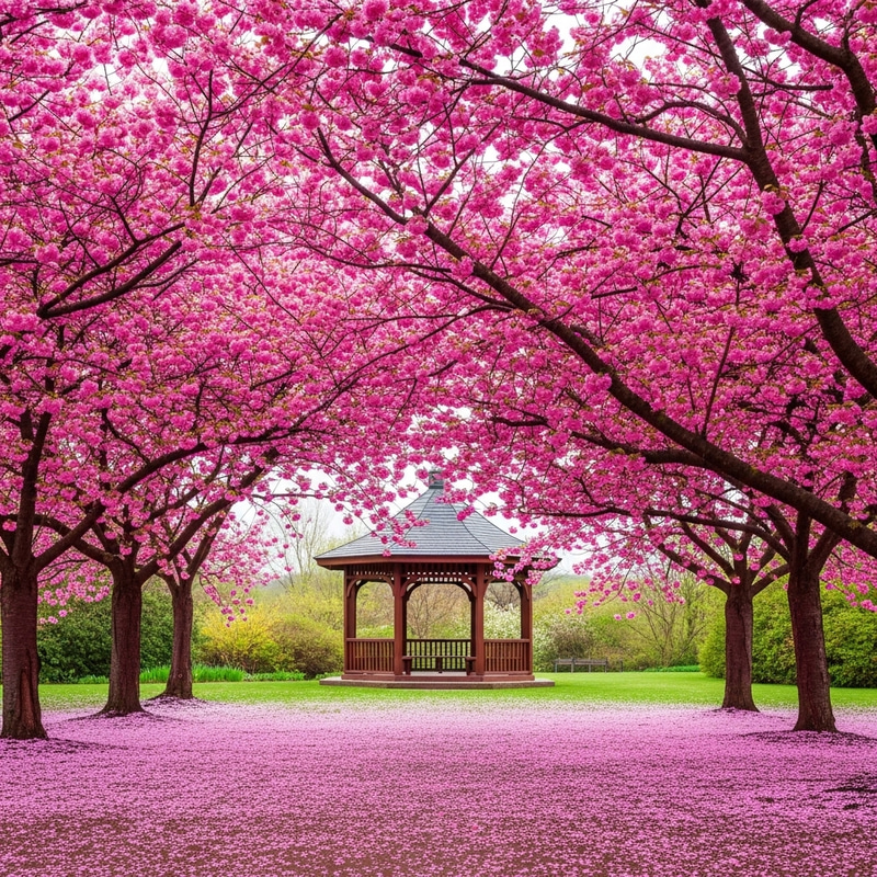 Tranquil Sakura Garden & Gazebo Amidst Falling Petals Tranquil Sakura Garden & Gazebo Amidst Falling Petals