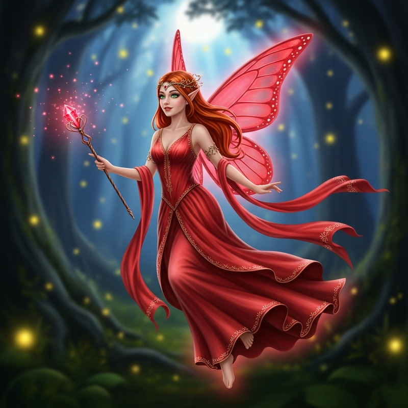 Enchanting Red Fairy with Butterfly Wings and Magic Wand Enchanting Red Fairy with Butterfly Wings and Magic Wand