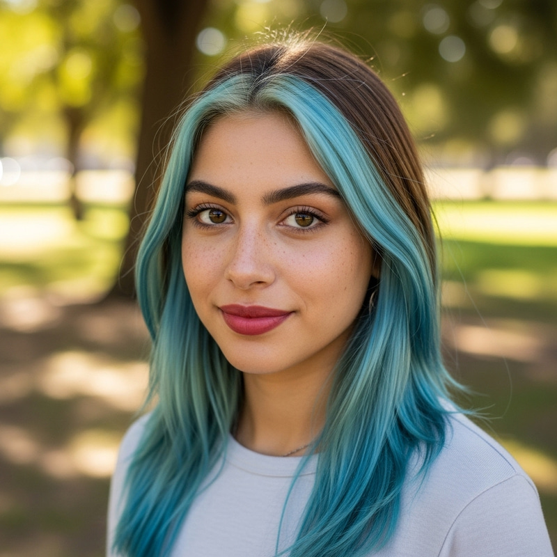 Portrait of Woman with Light Brown Hair and Celeste Blue Streak Portrait of Woman with Light Brown Hair and Celeste Blue Streak