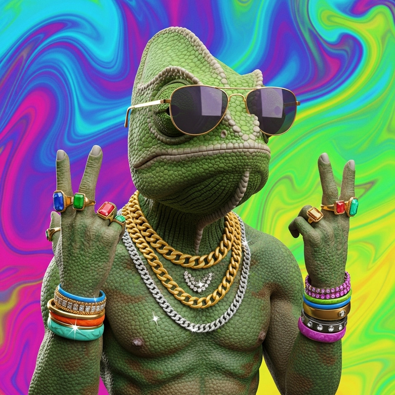 Colorful Anthropomorphic Chameleon with Sunglasses and Gold Chains