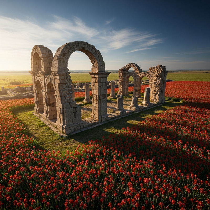 Ancient Ruins Surrounded by Red Irises - Mystical Beauty
