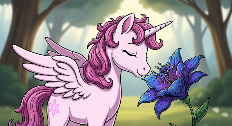 Charming Small Winged Unicorn Admiring Lovely Flower - Art Charming Small Winged Unicorn Admiring Lovely Flower - Art