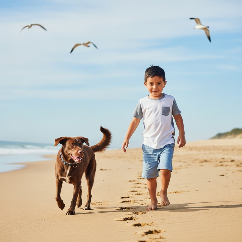 Serene Moment: Young Hispanic Boy Walking Beach with Dog Serene Moment: Young Hispanic Boy Walking Beach with Dog