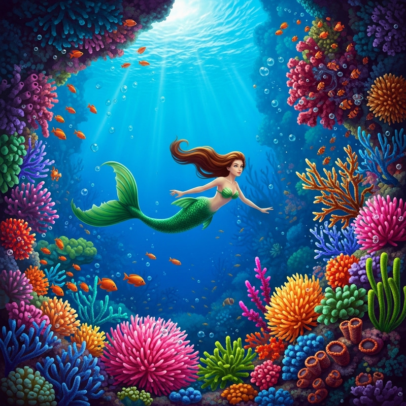 Surreal Mermaid Swimming Among Vibrant Coral Reefs Surreal Mermaid Swimming Among Vibrant Coral Reefs