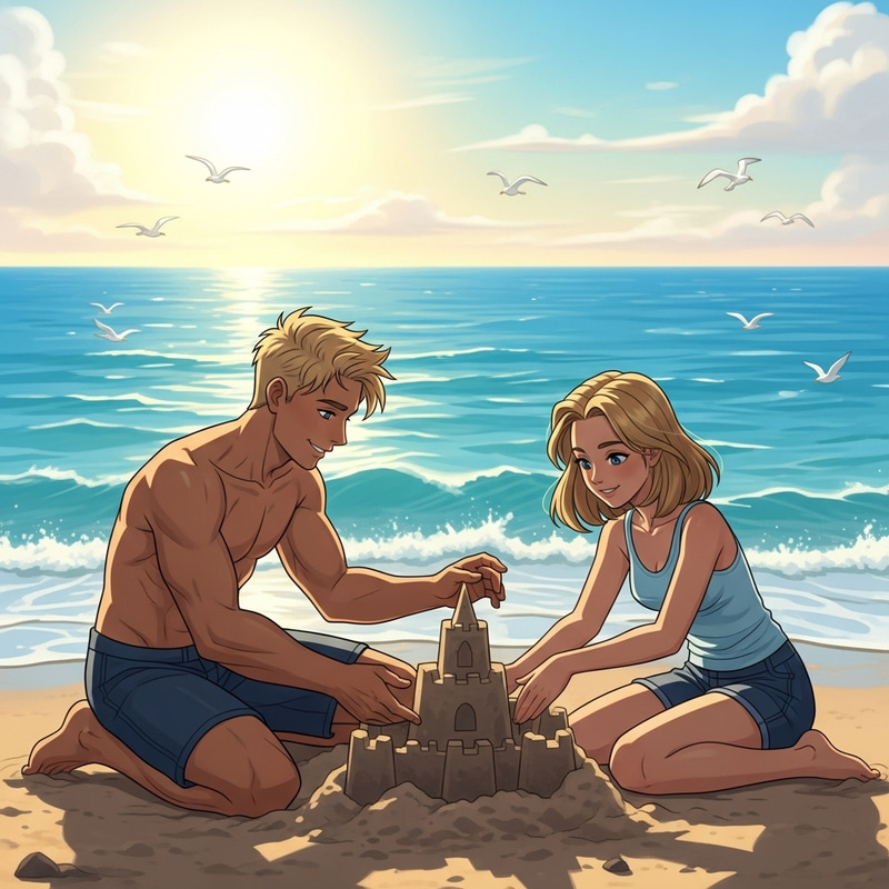 Tranquil Beach Day: Strong Blond Boy & Girl Building Sandcastle Tranquil Beach Day: Strong Blond Boy & Girl Building Sandcastle