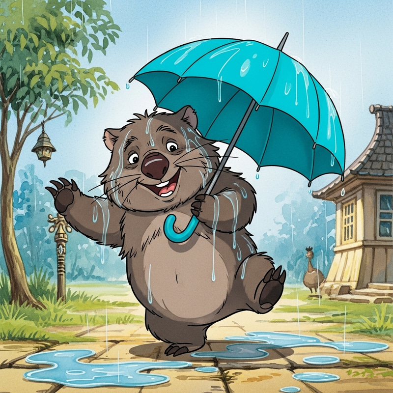 Wet Wombat Dances with Turquoise Umbrella | Hayao Miyazaki Style Wet Wombat Dances with Turquoise Umbrella | Hayao Miyazaki Style