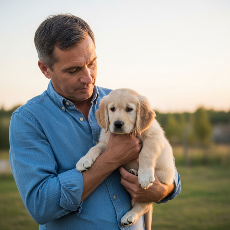 Compassionate Man Holding Sad Golden Retriever Puppy Outdoors