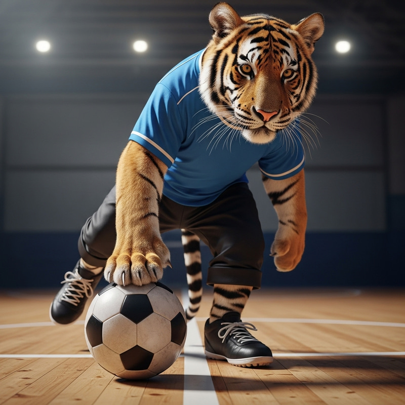Cute Young Tiger Playing Futsal in Style