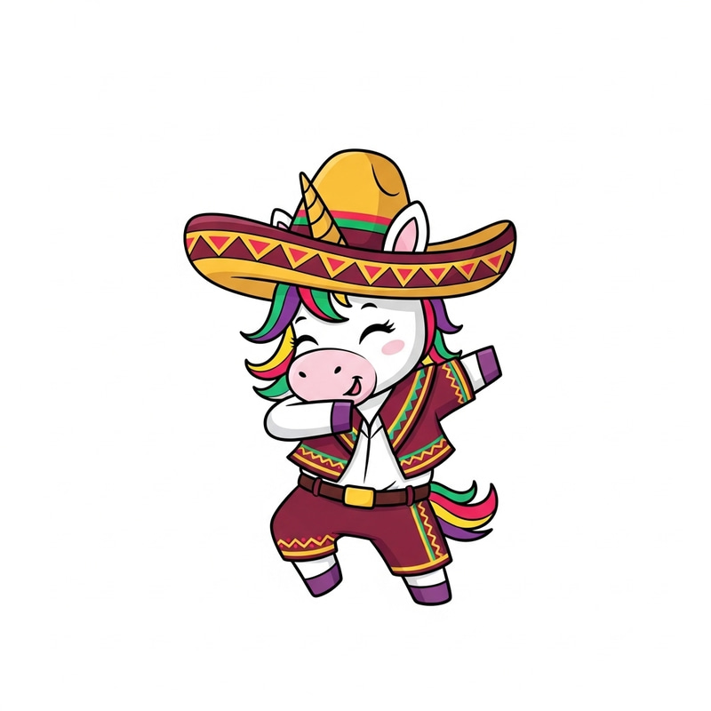 Childlike Cartoon Unicorn Dancing in Mexican Attire Childlike Cartoon Unicorn Dancing in Mexican Attire