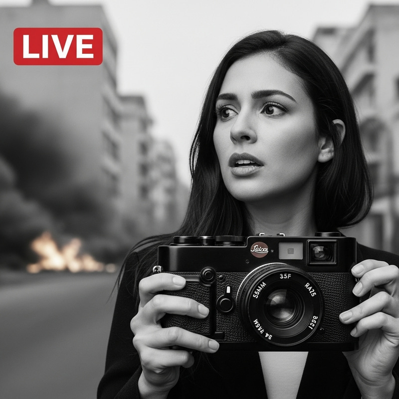 Courageous Hispanic Female Reporter Amidst City Havoc | Photojournalism