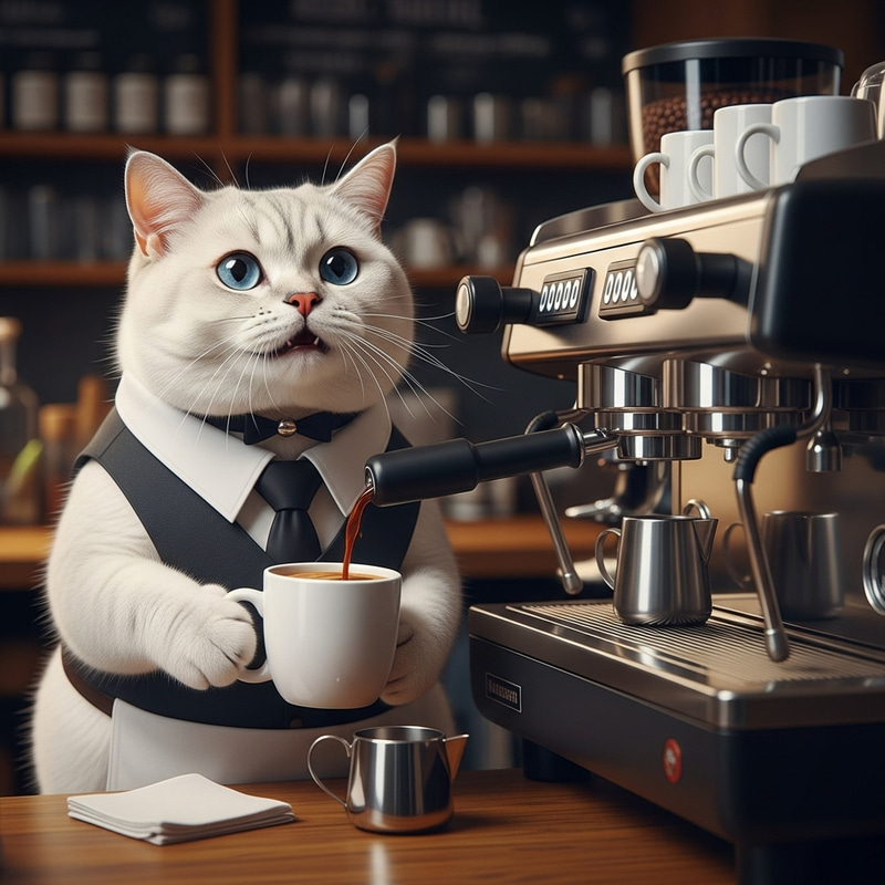 Charming British Cat Waiter in Coffee Shop Scene Charming British Cat Waiter in Coffee Shop Scene