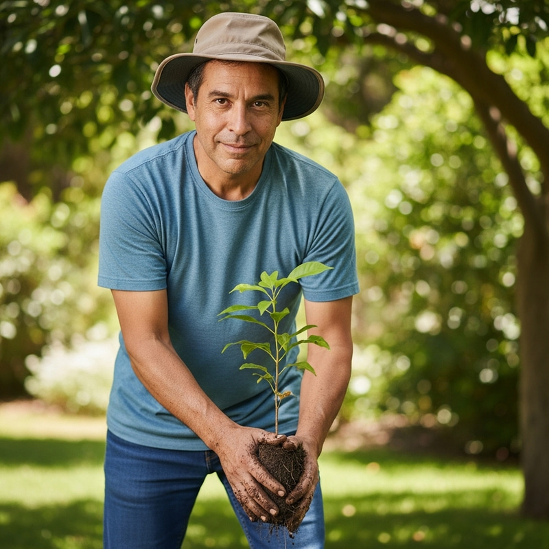 Determined Hispanic Man Planting Tree in Scenic Garden Determined Hispanic Man Planting Tree in Scenic Garden