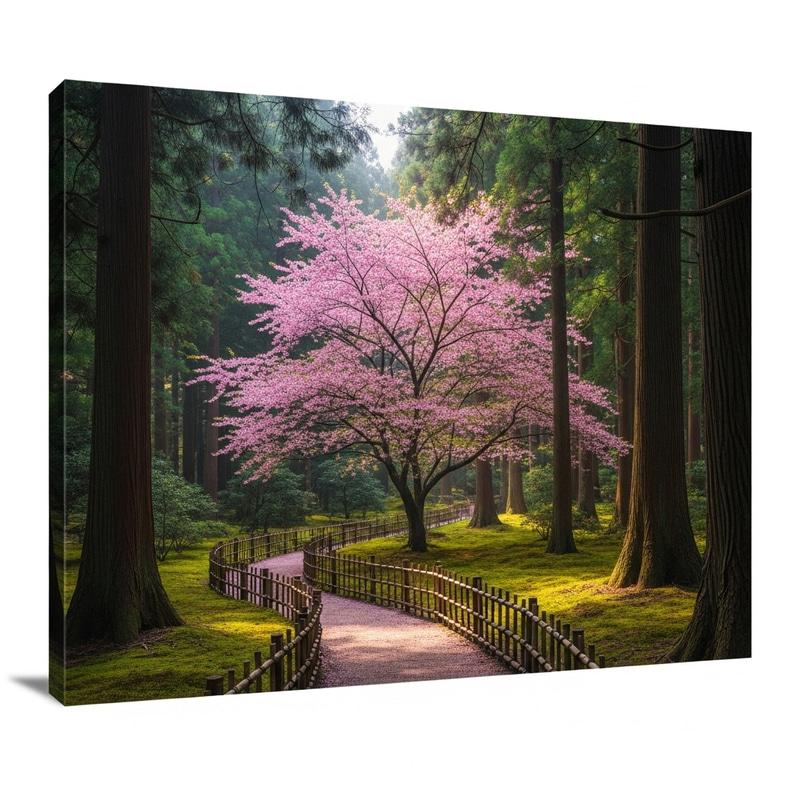 Tranquil Japanese Garden with Coniferous Forest and Sakura Tree