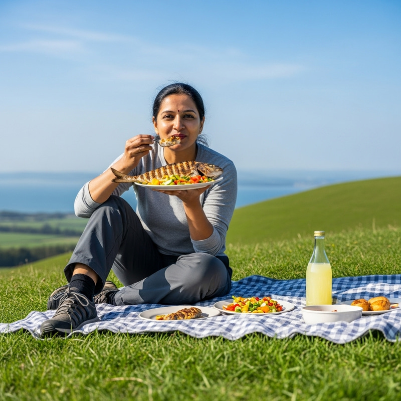 Woman Enjoying Fish Picnic on Hill Woman Enjoying Fish Picnic on Hill