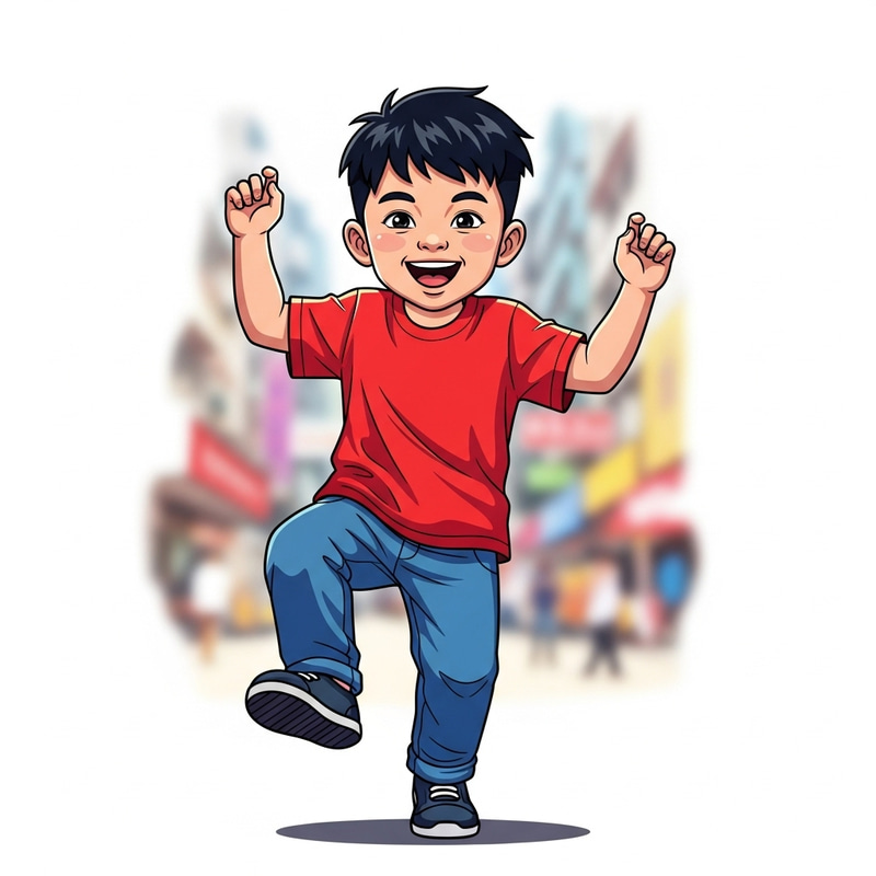 Energetic Young Boy Illustration - Vibrant Red T-shirt & Blue Jeans Energetic Young Boy Illustration - Vibrant Red T-shirt & Blue Jeans