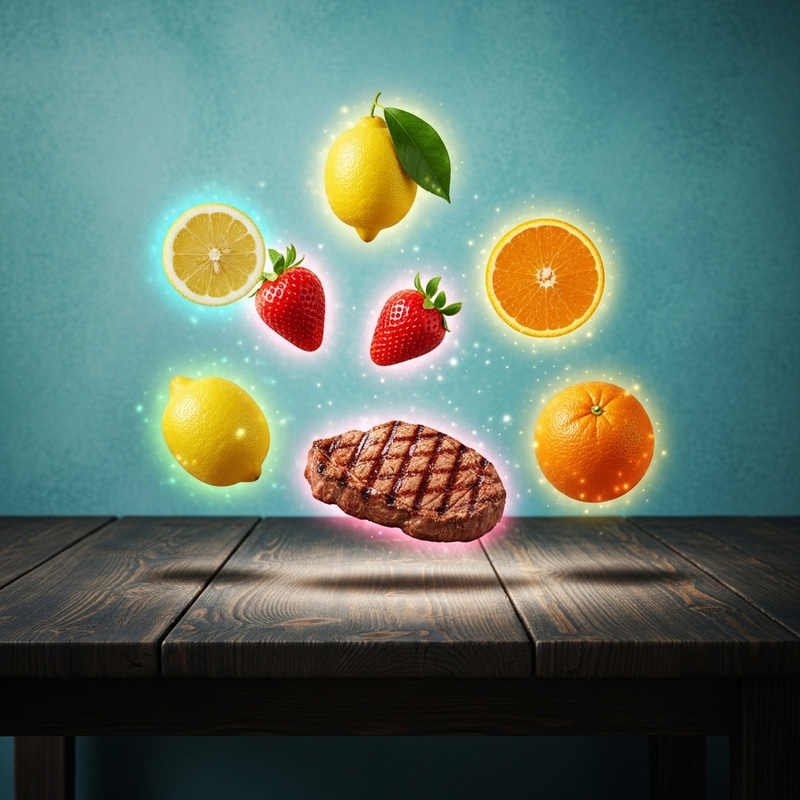 Abstract Food Art: Levitating Fruits and Steak on Wooden Table