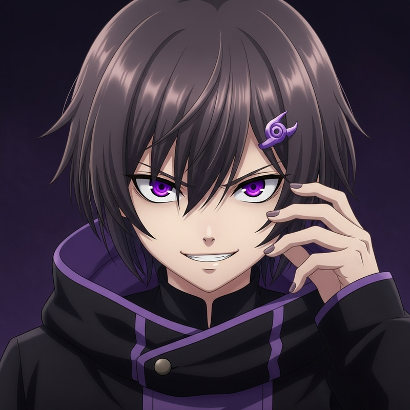 Anime Style Teenage Boy with Menacing Purple Eyes