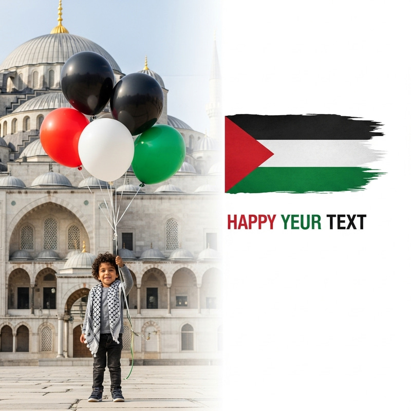 Captivating Child with Palestinian Flag Balloons at Religious Site Captivating Child with Palestinian Flag Balloons at Religious Site