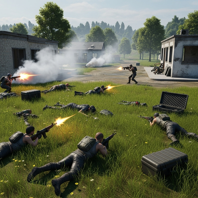 PUBG Battle Royale Shooter - Intense Gunfight Amidst Diverse Landscape PUBG Battle Royale Shooter - Intense Gunfight Amidst Diverse Landscape